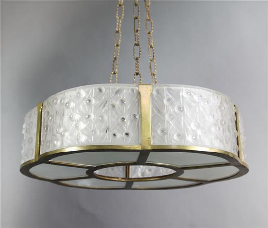 A pair of 1930s Lalique-style gilt metal and frosted glass hexalobed light fittings, Diameter 20.5in.